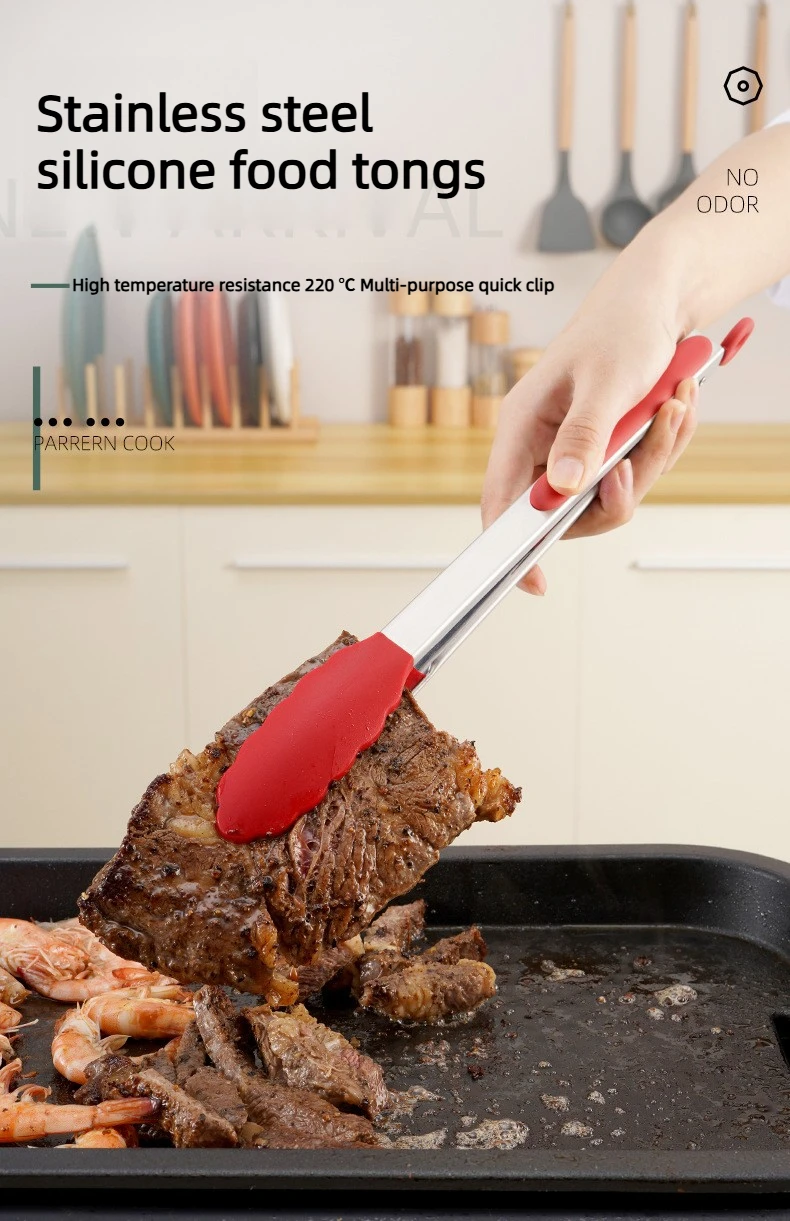 7/9/12 Zoll Silikon-Küchen- und Grillzange mit Edelstahl-Verriegelung und Silikonspitzen, Rutschfeste Kochzange – Detail 1