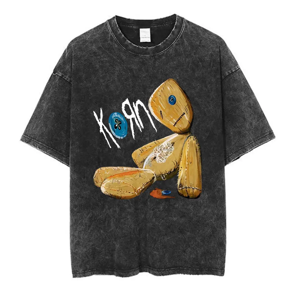 Korn Follow The Leader 20Th Anniversary Washed T Shirt Metal Gothic Rock Band T Shirts Men Vintage Oversized T-shirt Streetwear