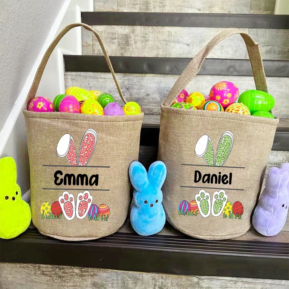 Personalized Easter Basket Bunny Eggs Print Tote Bags Custom Name Candy Bucket Boys Girls Easter Party Cookie Bag Gift for Kids