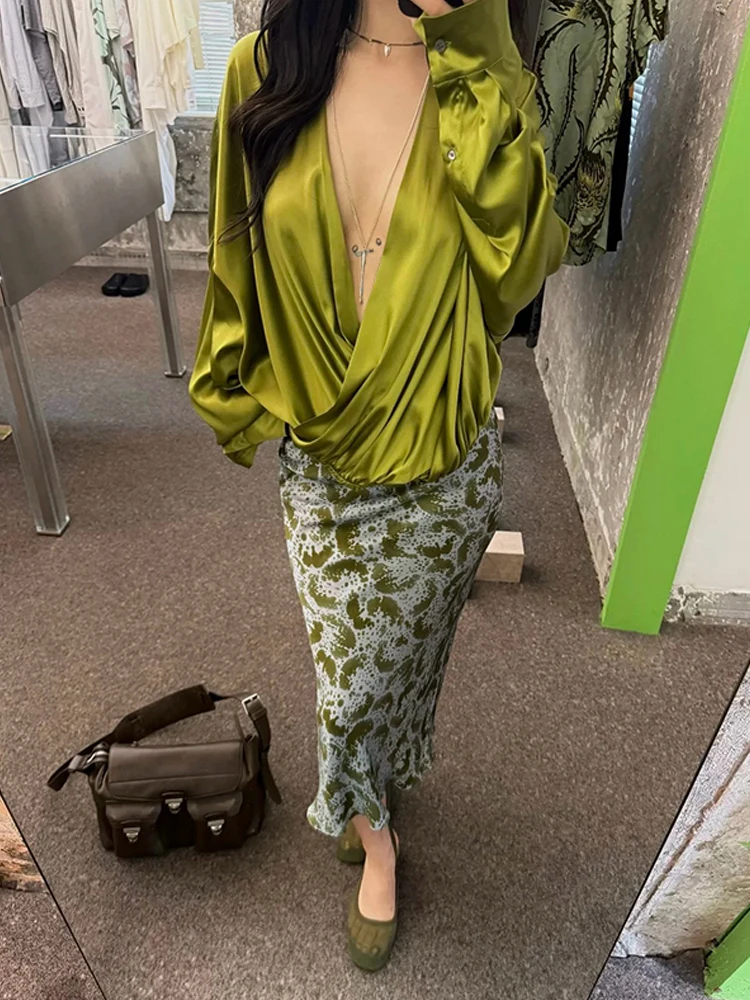 

VanaLab Autumn Winter Loose Satin Long Sve V-Ne Women's irt Draped Crossed een DVN Casual Sle Breathable Skin-F...