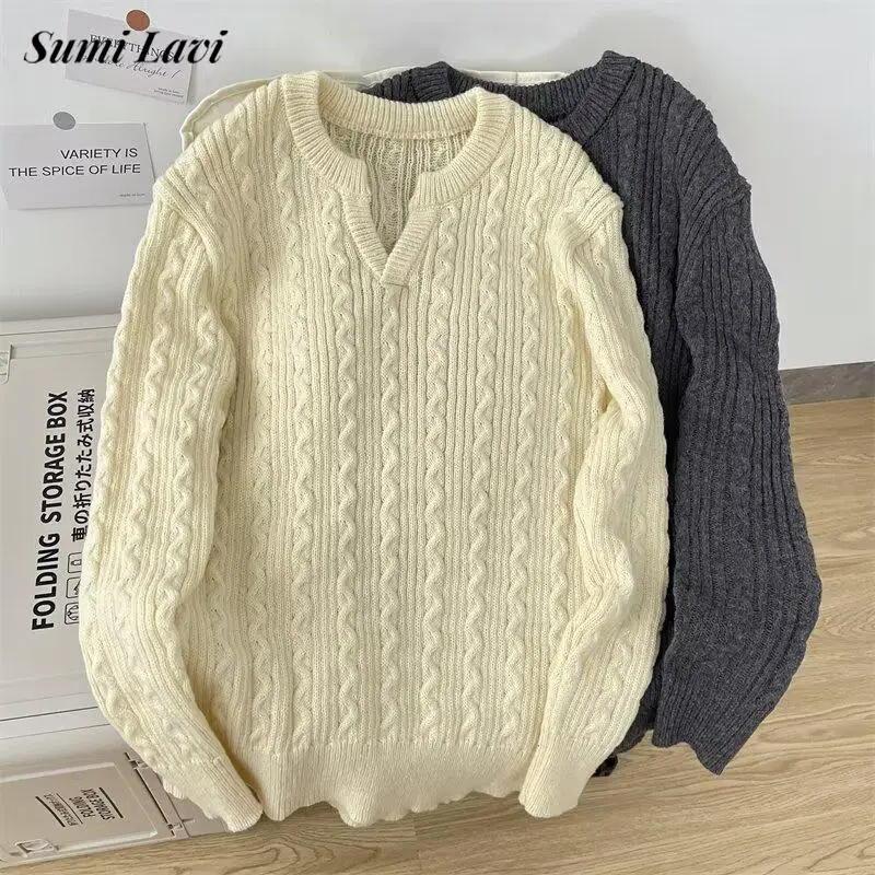 

Сплошной цвет, жаккардовые вязаные крючком свитера, мужские винтажные вязаные джемперы с v-образным вырезом, мужские весенне-осенние повседневные вязаные свитера