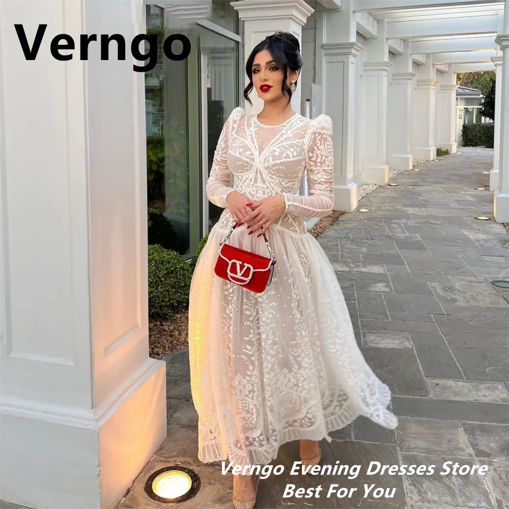 Verngo Vintage Lace Women Evening Dresses Long Sleeves O-Neck Formal Party Gowns Dubai Arabic Ankle Length Prom Gowns Customized