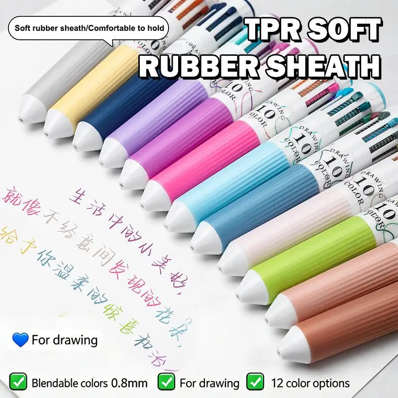 1/3/6/9Pcs 10 In 1 Retractable Multicolor Ballpoint Pen 0.8mm Tip Soft Grip Rich Ink For Drawing School Notetaking Office Use