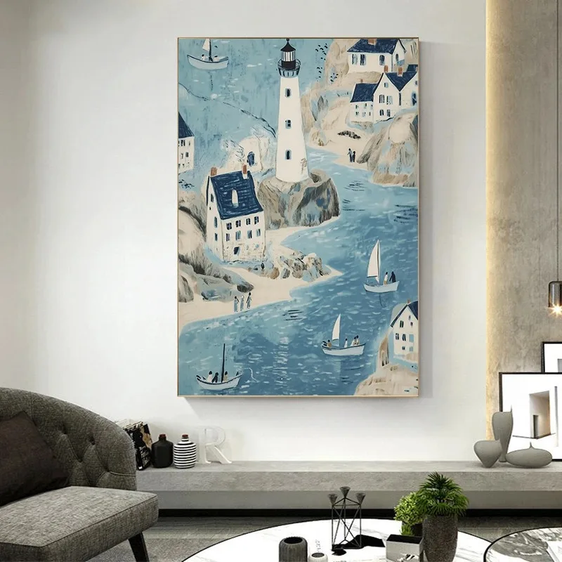 Coastal Village Gallery Wall Set Rustic Nautical Canvas Art Abstract Beach House Painting Decor Seascape Summertime Wall Decor