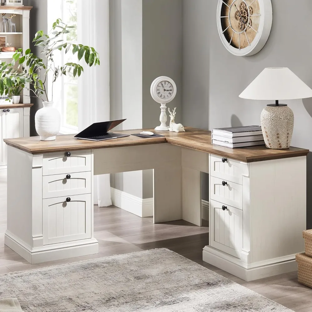 

Large Corner Executive Desk, Farmhouse Style with Storage Drawers, Charging Station, and File Cabinet