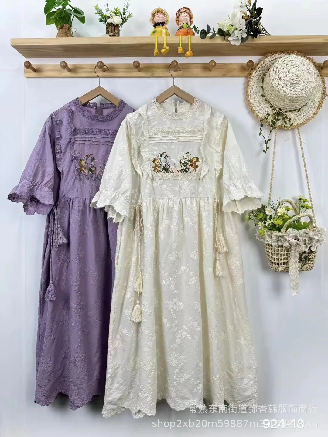 Vintage Floral Embroidery Short Sleeve Dress Women Japanese Mori Girl Spring Sweet O-Neck Cotton Linen Dress vestidos para mujer