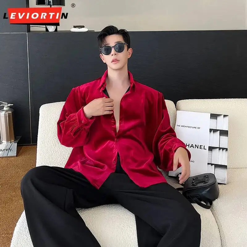High Quality Men Smooth Shirt Solid Lapel Loose Streetwear Long Sleeve Blouse Korean Style Fashion Casual Hombre Camisas