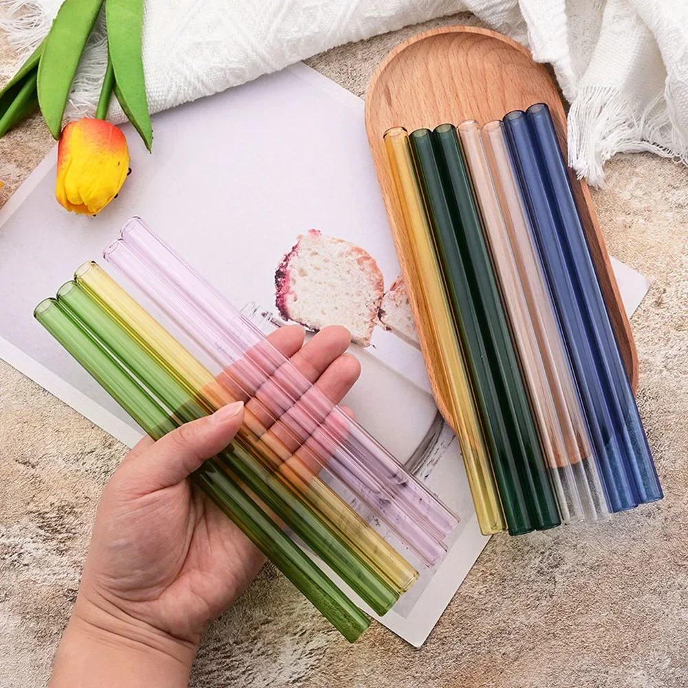 12Pcs Pink High Borosilicate Glass Straw Set Reusable Eco Friendly Drinking Straw for Smoothies Cocktails Bar Accessories