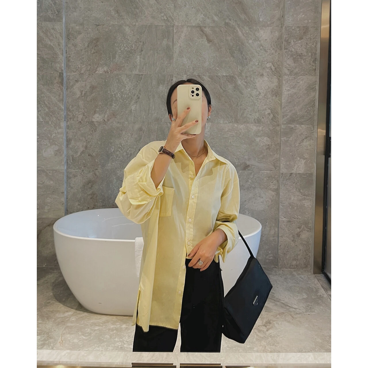 2022 Woman Oem Yellow Oversize Pocket Blouses Shirts Clothing Korean Fashion Tops Chic Elegant Demi-Season New Y2k T-shirt Crop