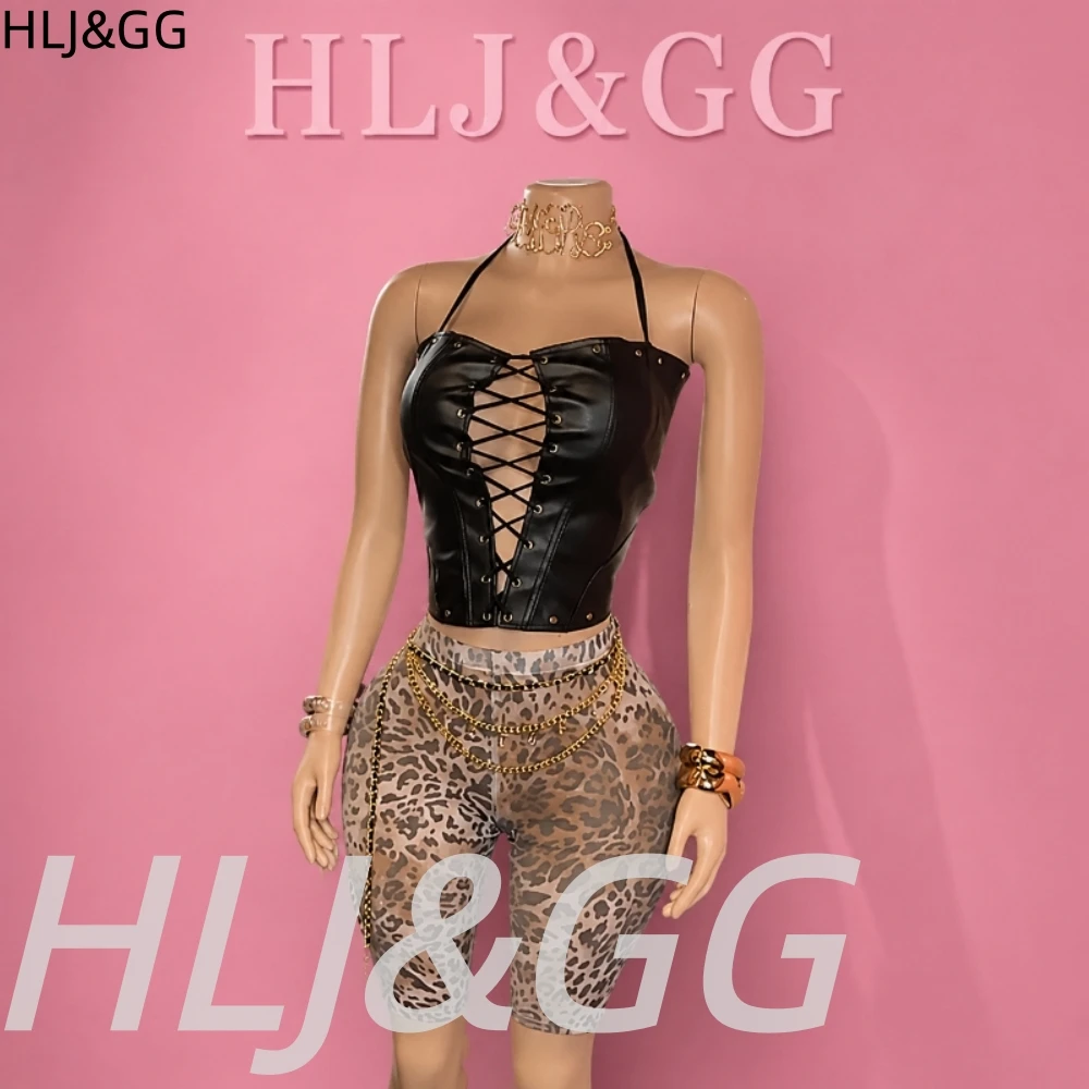 HLJ&GG Sexy Leather Hollow Bandage Halter Two Piece Sets Women Sleeveless Slim Crop Top + Mesh Leopard Shorts Outfits Streetwear view 2