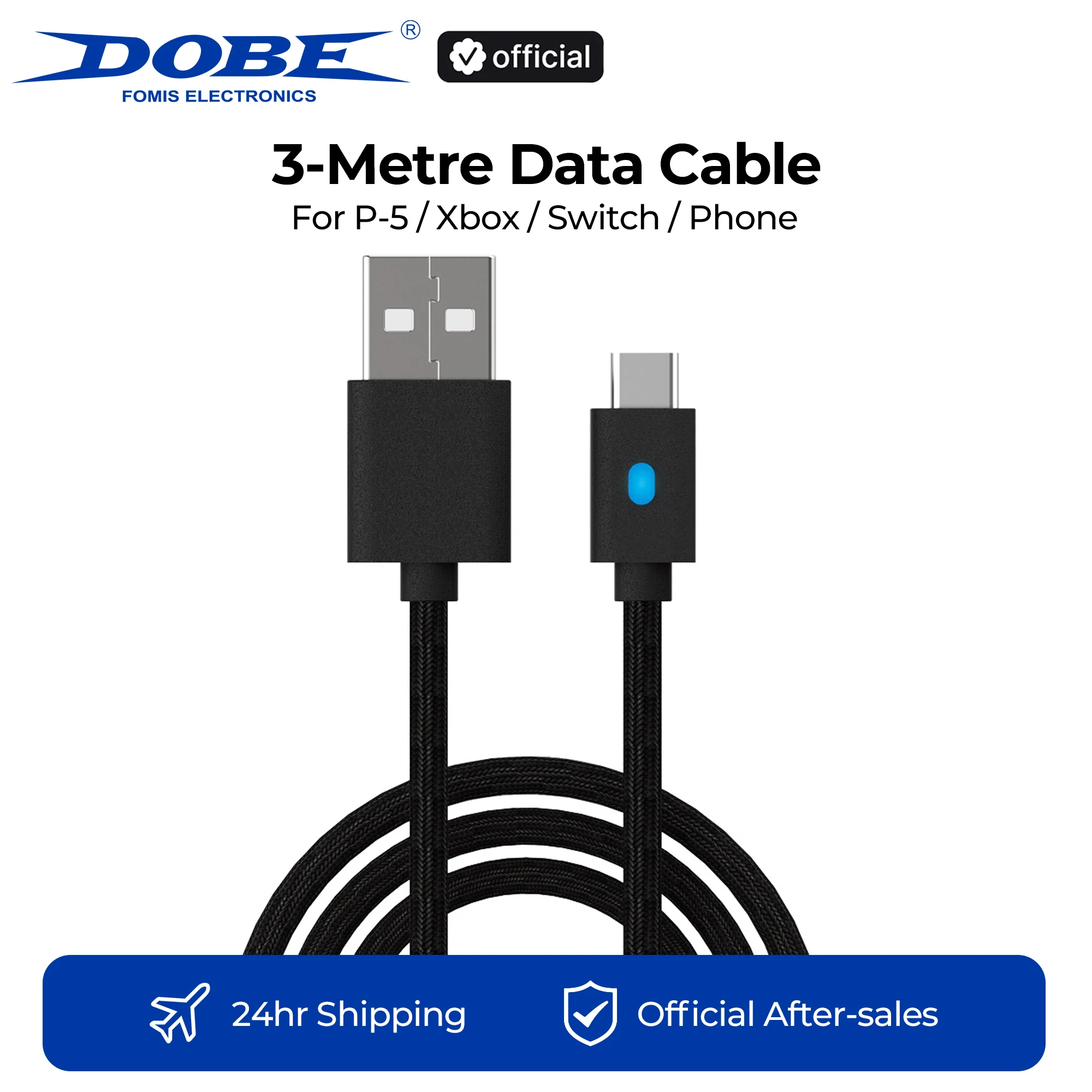 Cable de datos DOBE de 3m para PS/XBOX/Switch/TELÉFONO, transmisión de datos, cable de carga para controlador de juegos, con indicador LED