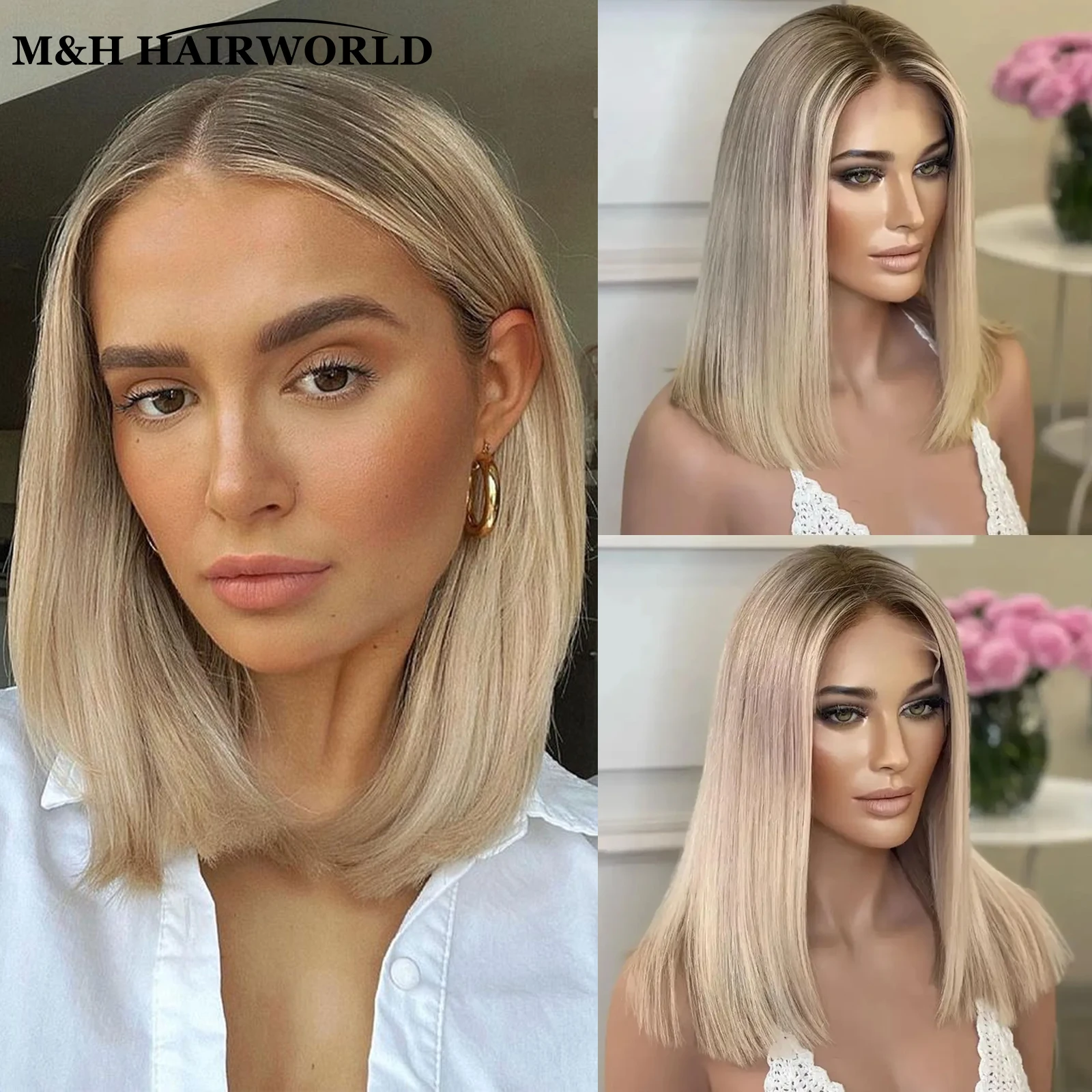 Ash Blonde Highlight Color Short Straight Bob Lace Front Wigs For Women Long Synthetic Hair Wig Dark Roots 13x3 Lace Frontal Wig