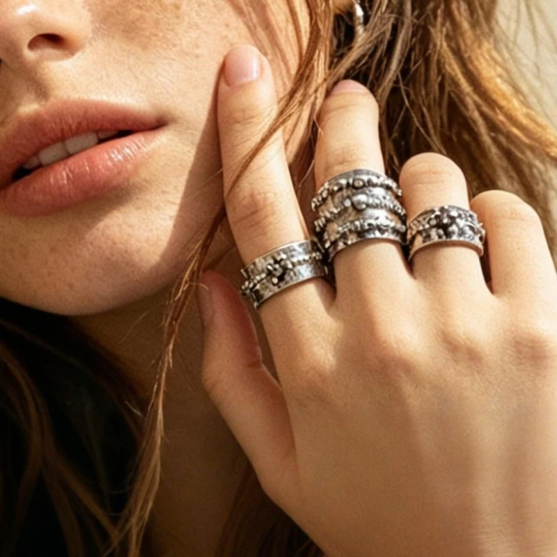 3pcs Set Vintage Distressed Geometric Open Ring Casual Versatile Women's Jewelry Set Chunky Minimalist Punk Unisex Jewelry New