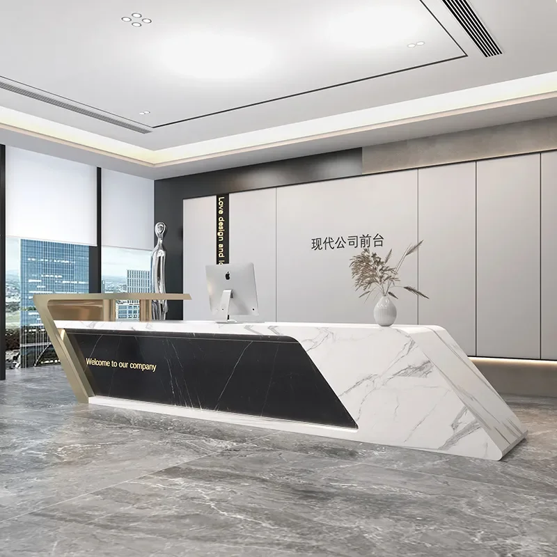 Stainless Steel Reception Desk Imitation Marble Checkout Counter Luxury Beauty Front Desk Bar Counter for Club Hall