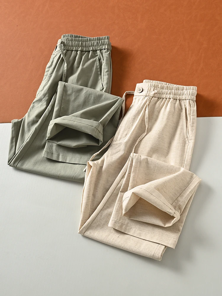 Men's Casual Linen Straight Leg Pants Breathable Comfortable Pure Color Spring Summer Fashionable Versatile Loose Fit Trousers