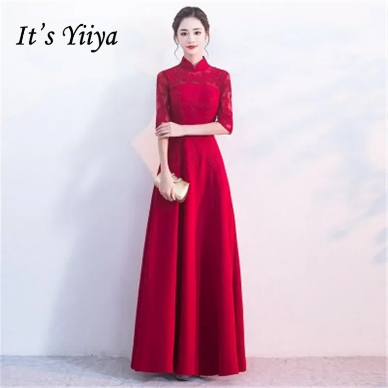 

It's YiiYa Customized Evening Dress Wine Red High Collar Half Sleeve A-line Floor Length Plus size Woman Party FOrmal Gown MX047