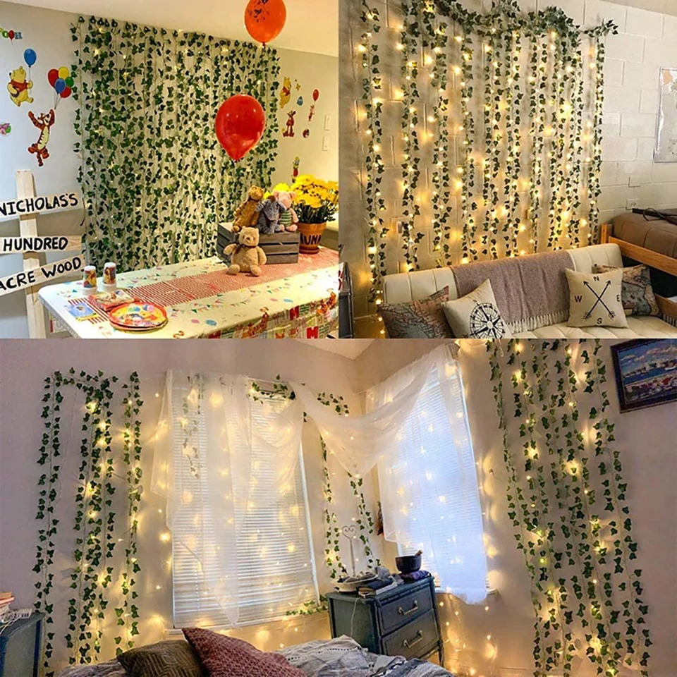 2M/5M/10M 100LED Leaf Battery-operated Ivy Vine LED Fairy String Lights Garland Lamp for Outdoor Christmas Wedding Party Decor