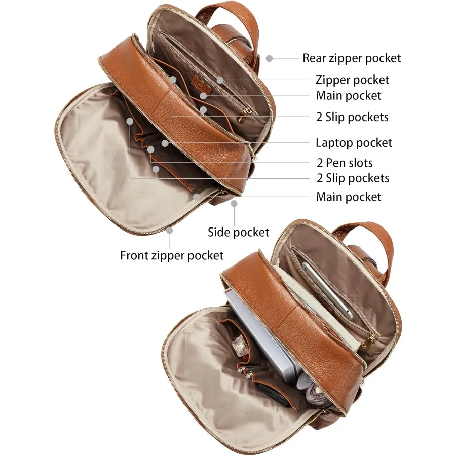 حقيبة ظهر للكمبيوتر المحمول مقاس 15.6 بوصة من الجلد الطبيعي للنساء حقيبة ظهر كاجوال للكلية حقيبة سفر