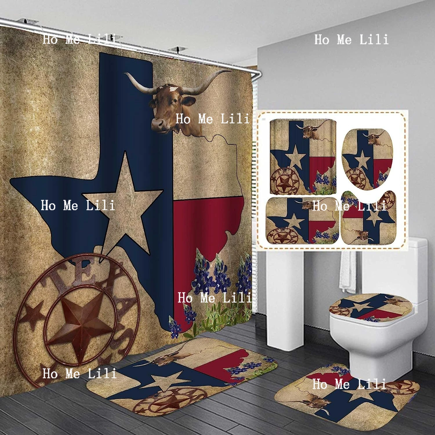 Jayden&Madge 4pcs Set Western Shower Curtain Vintage Brown Barn Star Texas Star