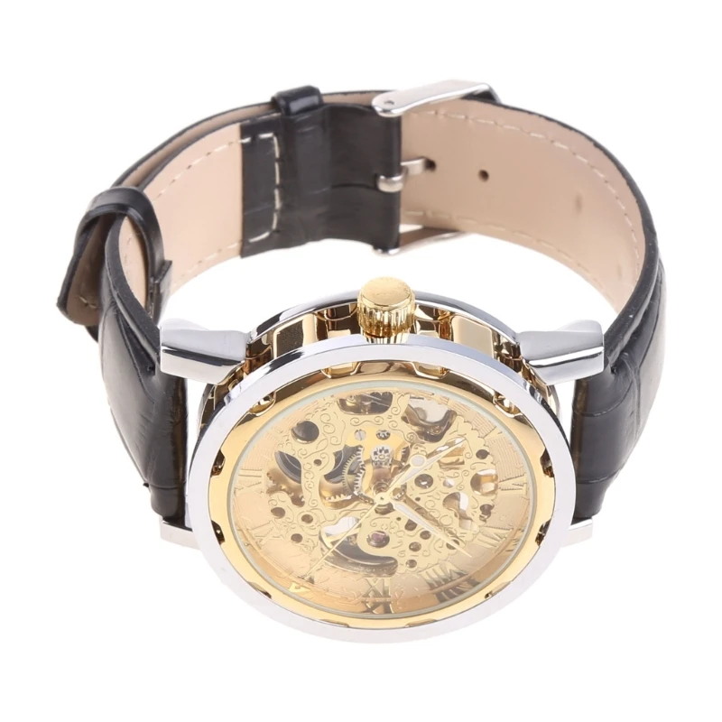 Classic Mens Mechanical Watch Black Leather Gold Dial Skeleton Army Sport Wristwatch Cool Relogio