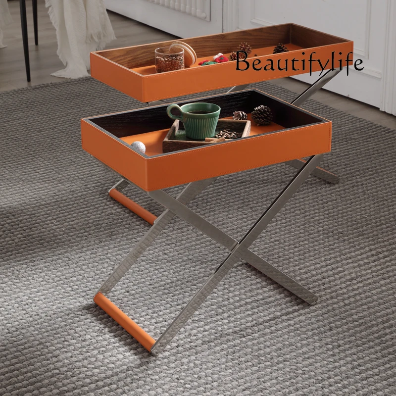 

Saddle leather Italian rack personalized edge few high-end light luxury bedroom bedside table corner few villa living room