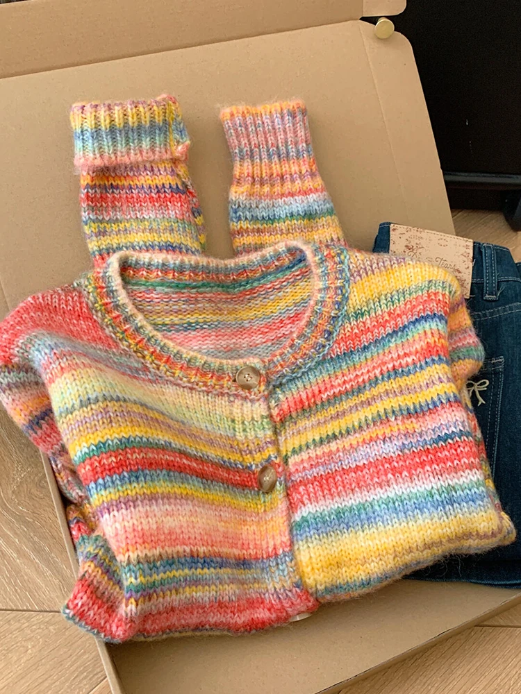 

Dopamine Rainbow Striped Cashmere Knitted Cardigan for Women, New Autumn and Winter Lazy Fashion Sweater