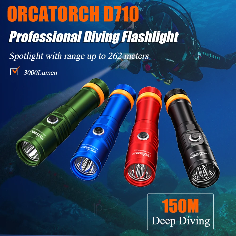 Orcatorch D710 Powerful Rechargeable Diving Torch Light LED Dive Flashlight Professional Scuba Diving Flashlight Underwater Lamp