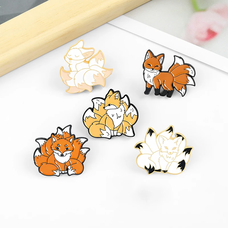 Nine Tailed Fox Enamel Pins Custom Kawaii Cute Animal Brooches Lapel Badges Bag Fun Cartoon Jewelry Gift for Kids Friends