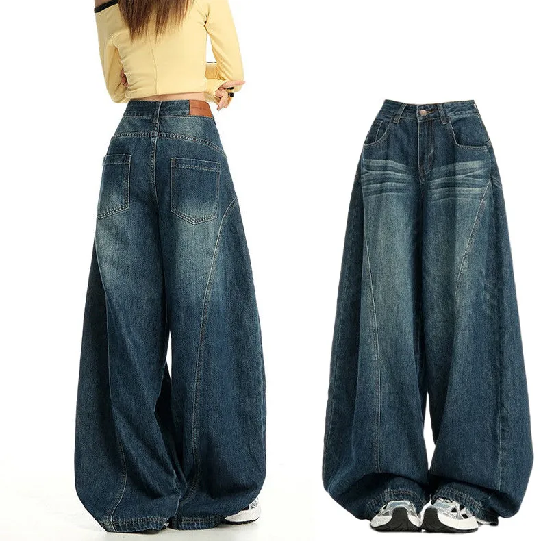 

Ретро-джинсы в американском стиле с широкими штанинами, женские, осенняя новинка, с высокой талией, свободного кроя, визуально стройнящие, длиной в пол