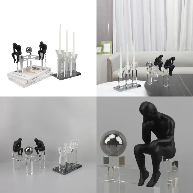 Nordic Creative Crystal Candlestick Resin Thinker Character Ornament for Living Room Entrance Study Home Decoration