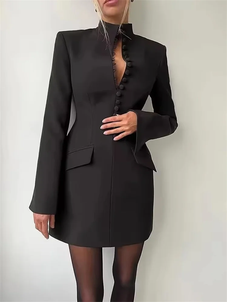 Oniflyme 秋冬新長袖スタンドカラー女性ブレザードレスシングルブレストミニドレスエレガントなオフィス女性服