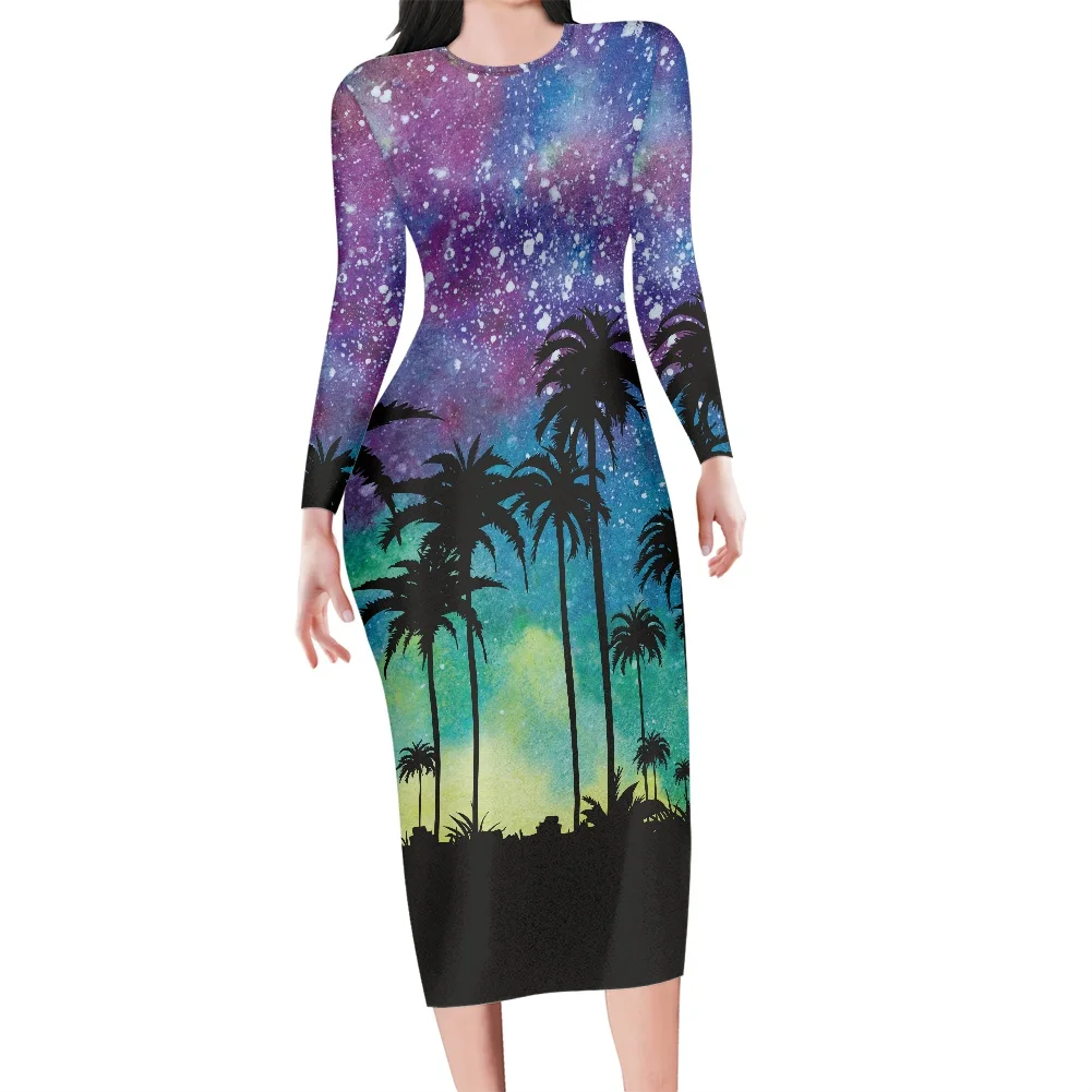 Starry Sky Pattern Print Long Sleeve Dress Big Party Sexy Robe Women Spring Casual Long Sleeve Style Dress Plus Size S-7XL