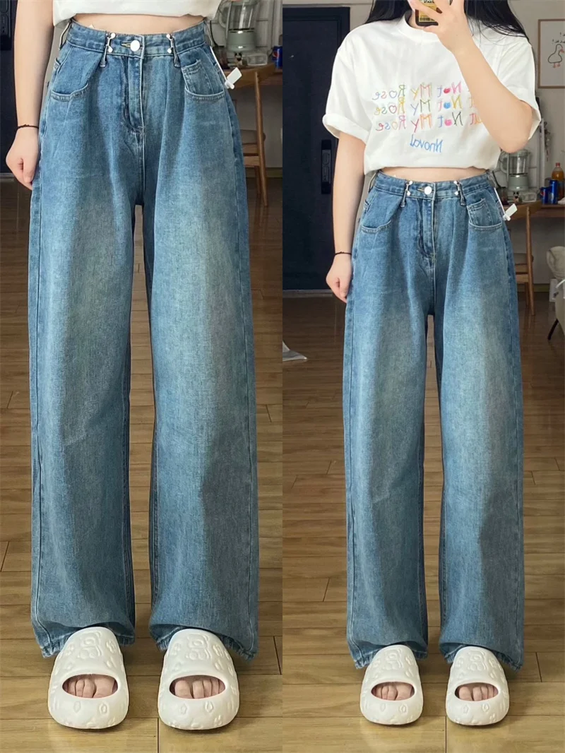 جينز نسائي عالي الخصر قابل للتعديل بأرجل واسعة أنيق بتصميم عتيق عالي الشارع Sle لصيف 2025 سروال دينم متعدد الاستخدامات للتخسيس