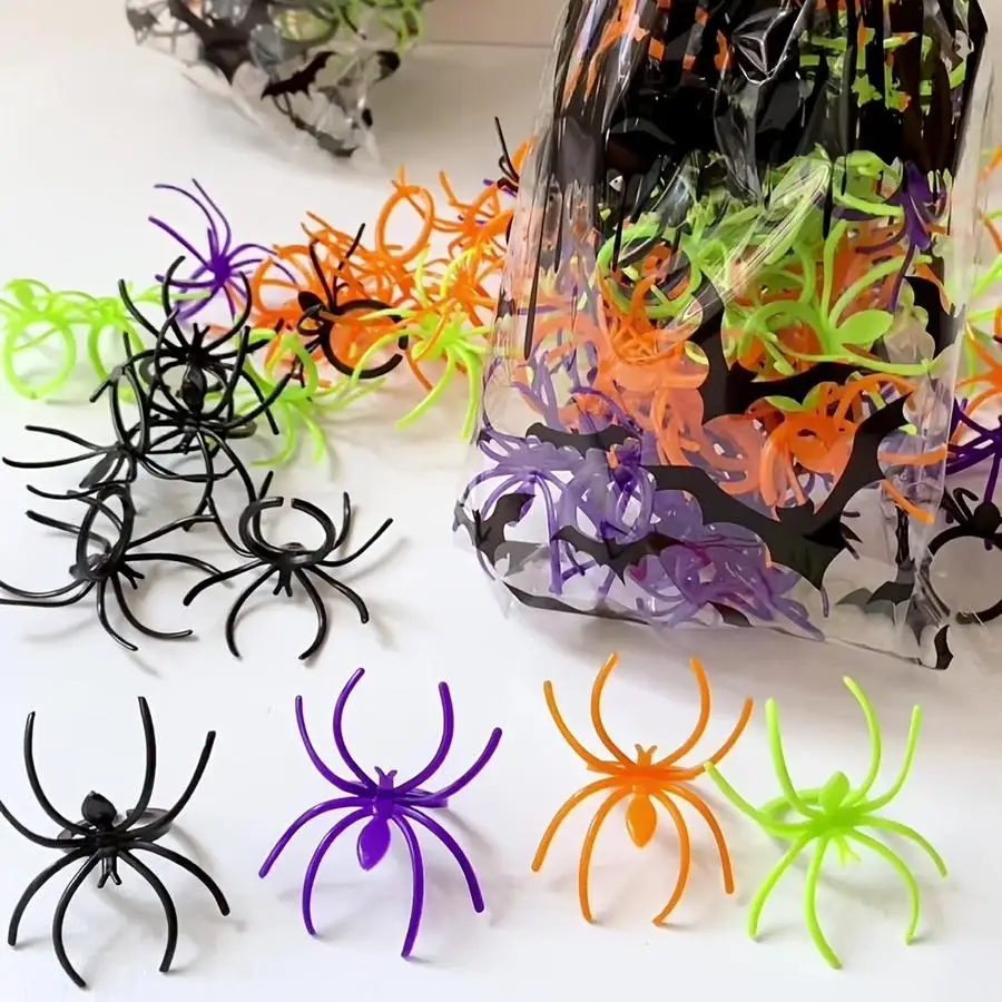 1/5/10/20/50/100pcs Plastic Spider Rings Suitable for Halloween Party Supplies, Flexible Durable Spider-Shaped Prank Rings for C