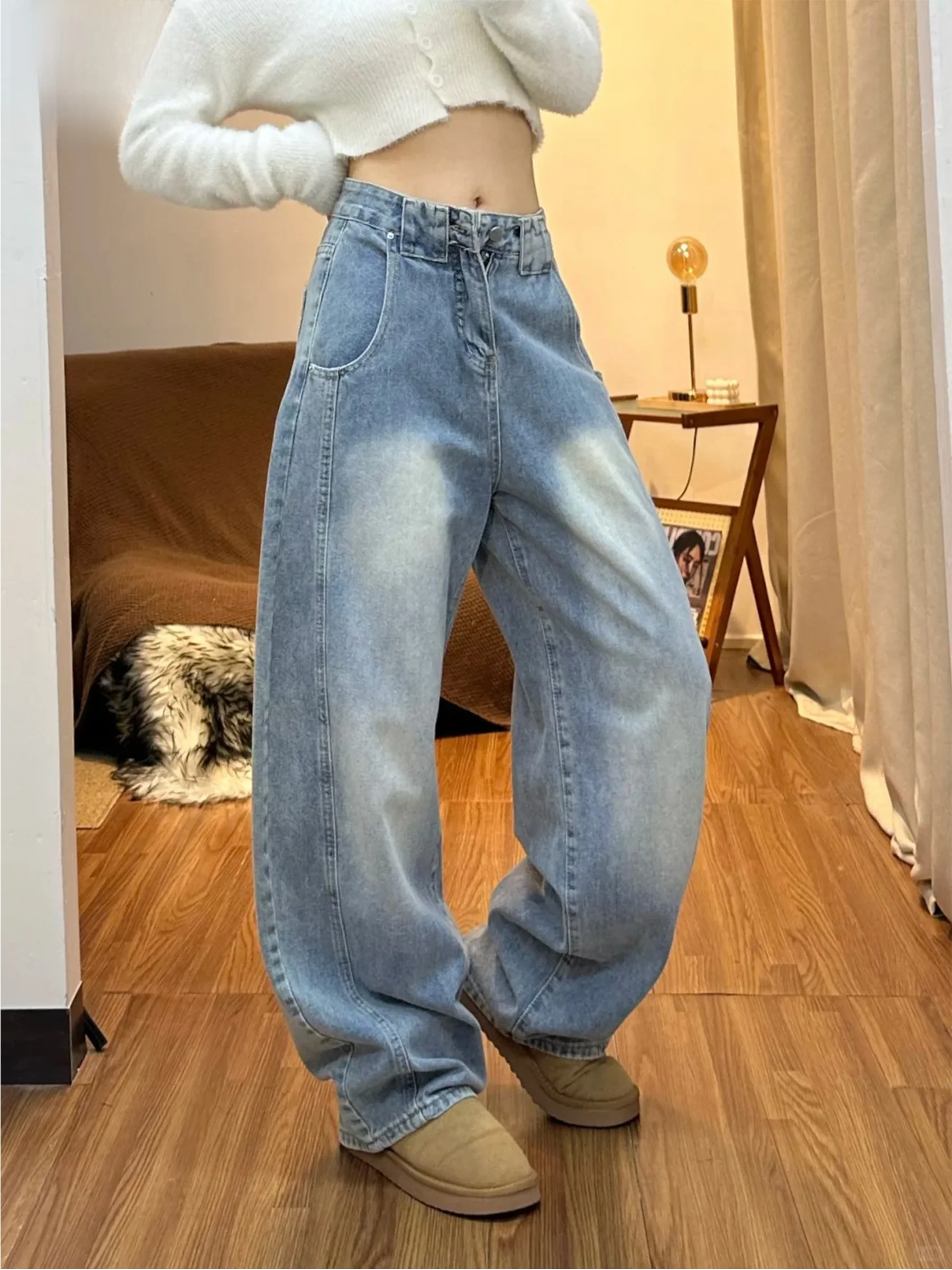 

Cool Loose Women's Jeans High Waist Button Detail Casual Style Light Blue Trendy Streetwear Spring Summer Fashionable Ladies