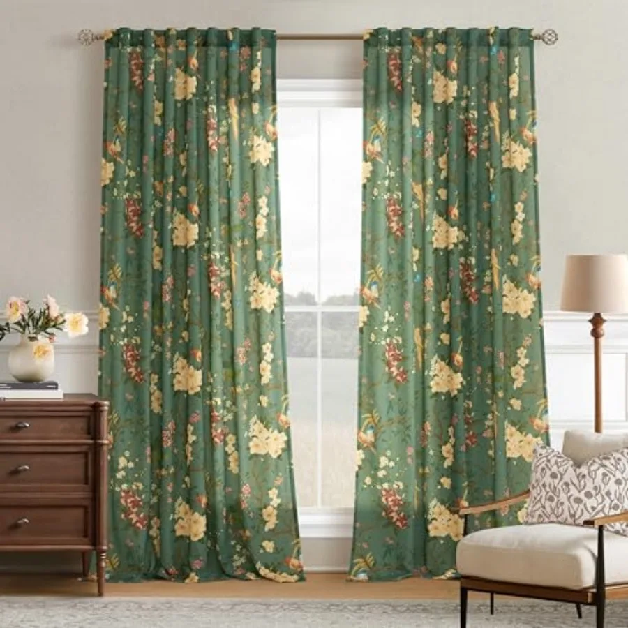 

120 Inch Dark Floral Bird Curtains for Living Room 2 Panels Set Back Tab Rod Pocket Vintage Light Filtering Flower Patterned Pr