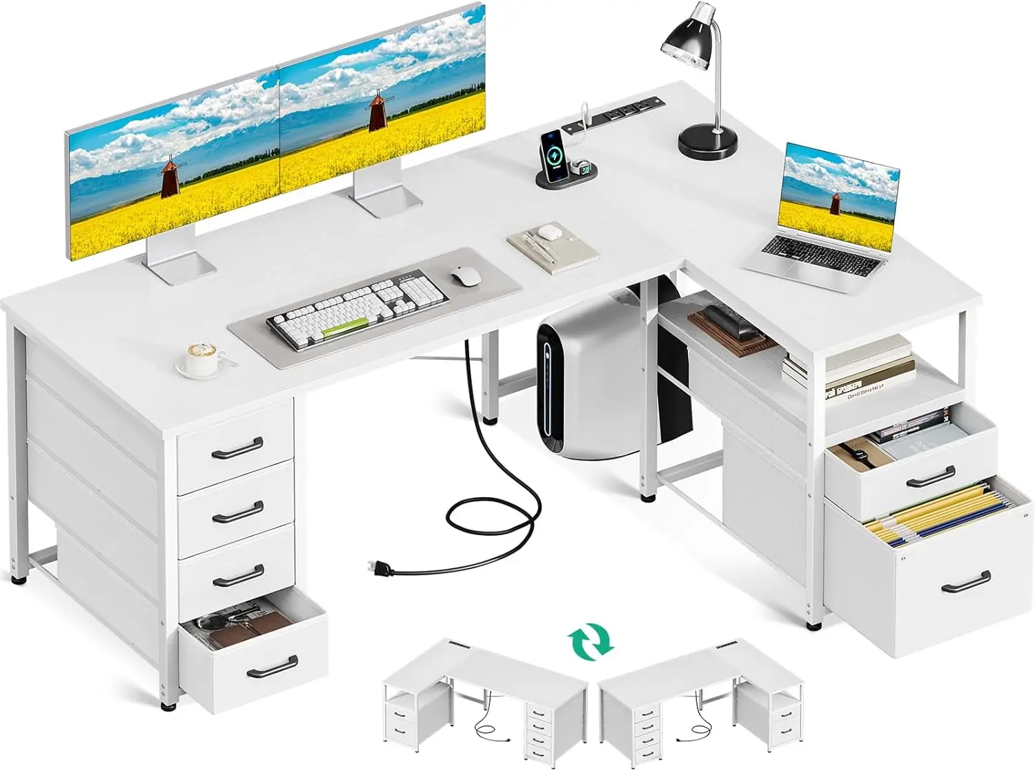 

L-Shaped Computer Desk, 55' with 6 Drawers, Power Outlet, Reversible Shelf, White