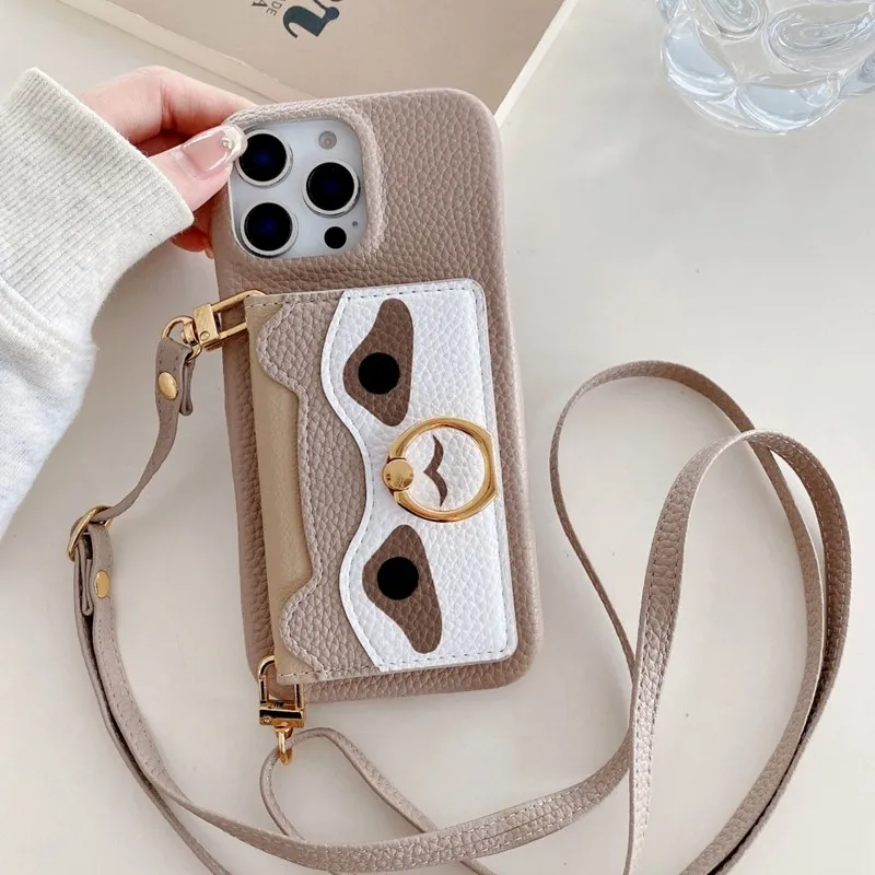 

HOCE с длинным коротким ремешком, кожаный чехол-кошелек для iPhone 17 Air 16 15 14 13 12 Pro Max, чехол с держателем на палец, слотами для карт