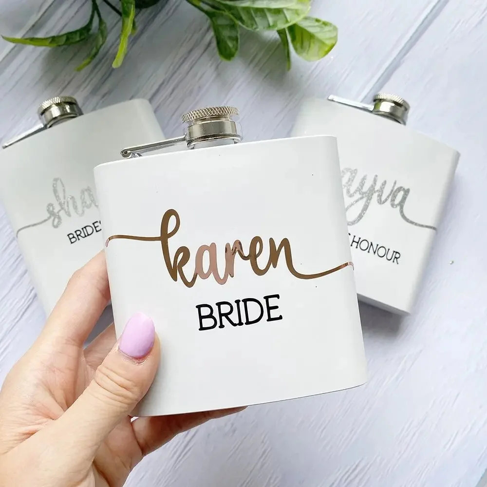 

Personalised Bridesmaid Gift Idea 6oz White Stainless Steel Hip Flask Wedding Party Bridal Shower Favors Engraved Flask for Her