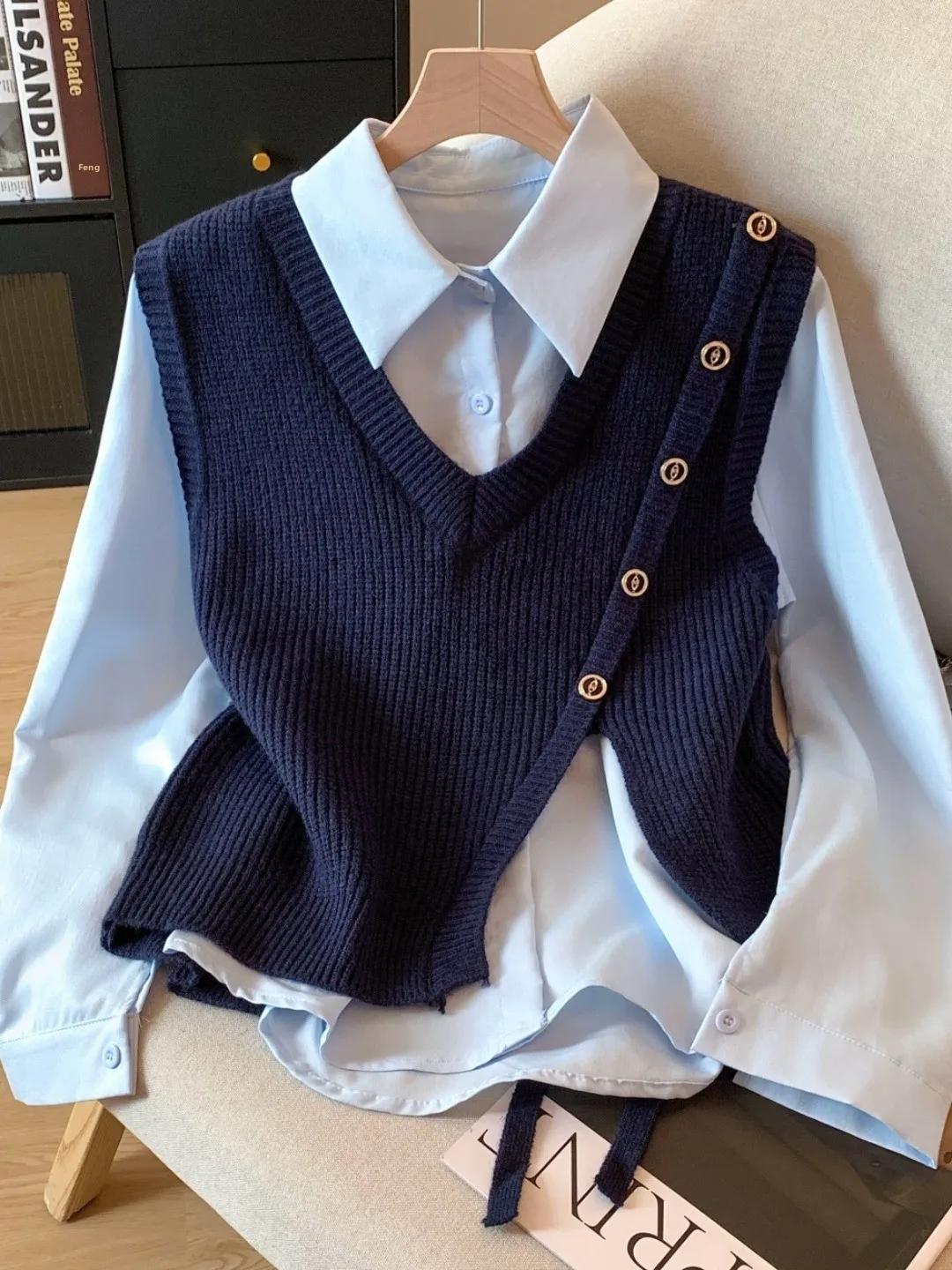 

Autumn New Sle Women's Long Sve Collar Knitted Vest Irregular V-Ne Two-Piece Set Original Design Straight Cut