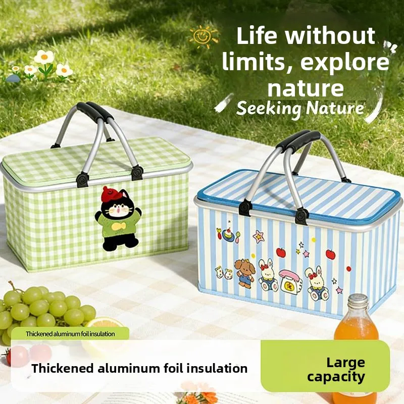 

Outdoor Picnic Basket Spring Travel Foldable Handheld Thermal Insulation Basket Camping Picnic Supplies Oxford Cloth Material