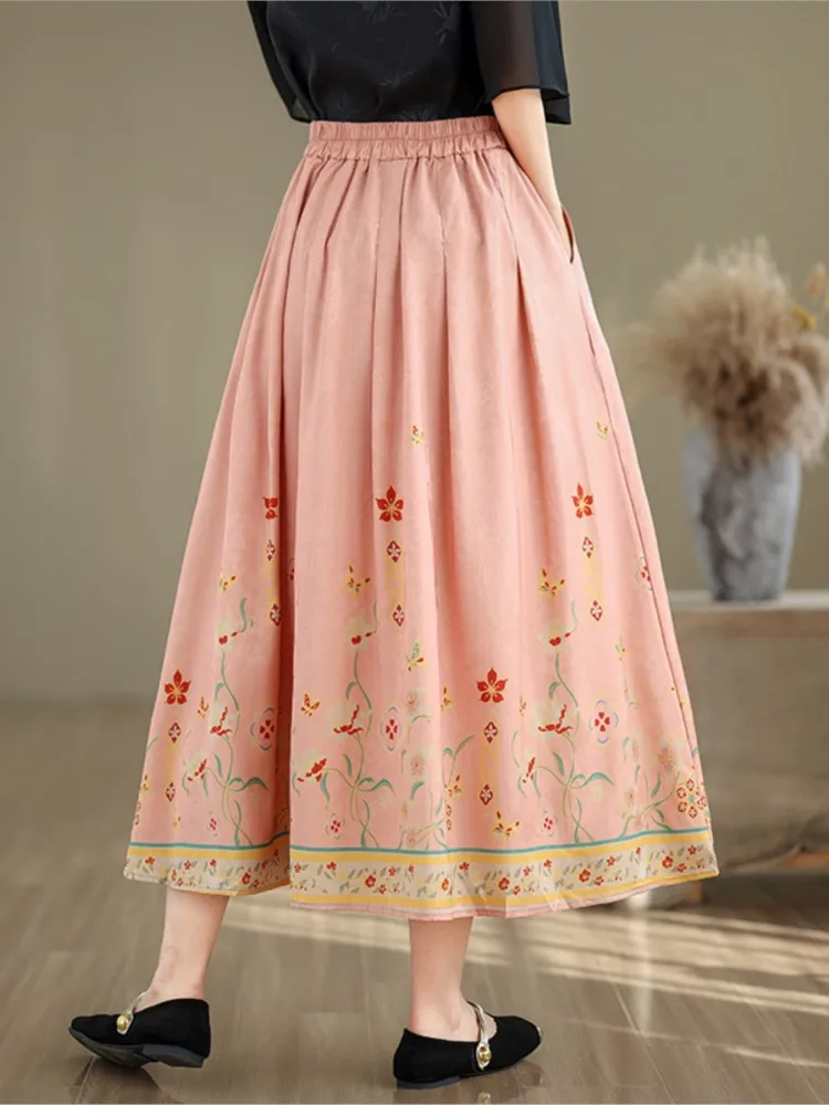 Falda plisada holgada de gran tamaño para mujer, Falda plisada con volantes, cintura alta elástica, flor Rosa Floral, moda de otoño