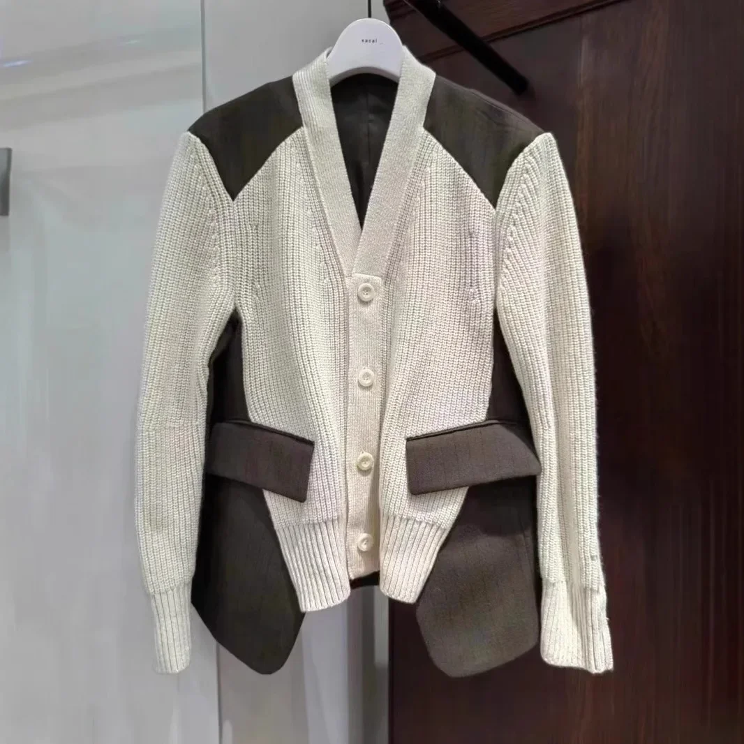 2024 Herfst losse patchwork gebreide colbert met lange mouwen, top dames winterjas dames