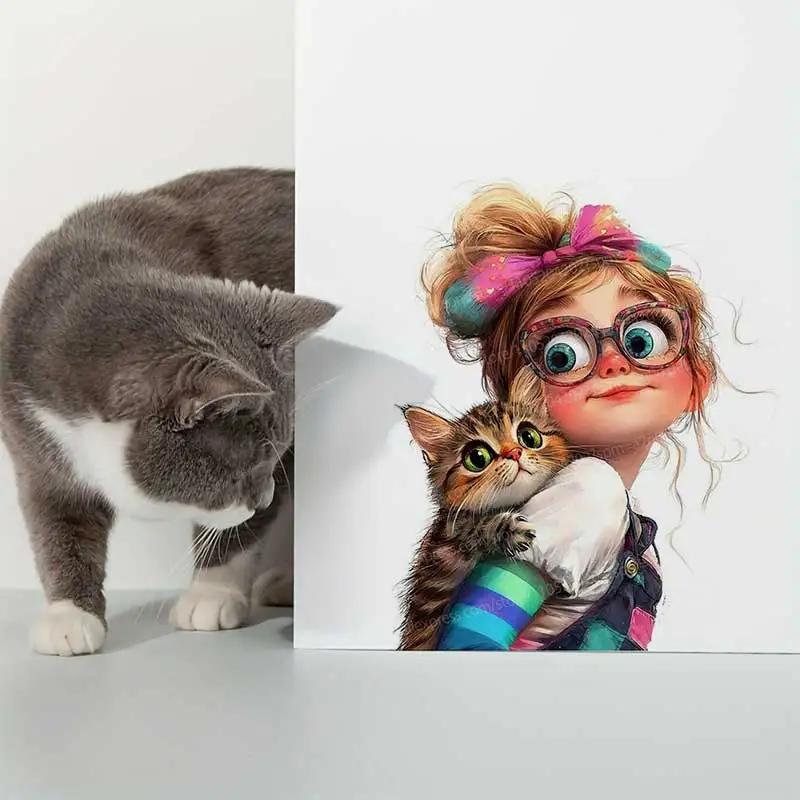 Cute Little Girl And Cat Wall Stickers Children's Room Art Decal for Living Room Sofa Background Decoration AA298