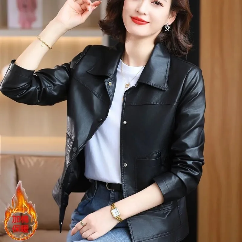 PU Leather Coat Short Female Young Style Autumn Winter New Western-Style Leather Casual Jacket Thicken Versatile Thin Fur Women