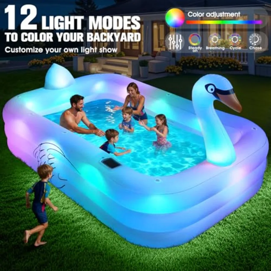 Backyard inflatable pool for adults and kids white PVC solar swan design with LED lights oversized thickened 100x63x20 UV-resis