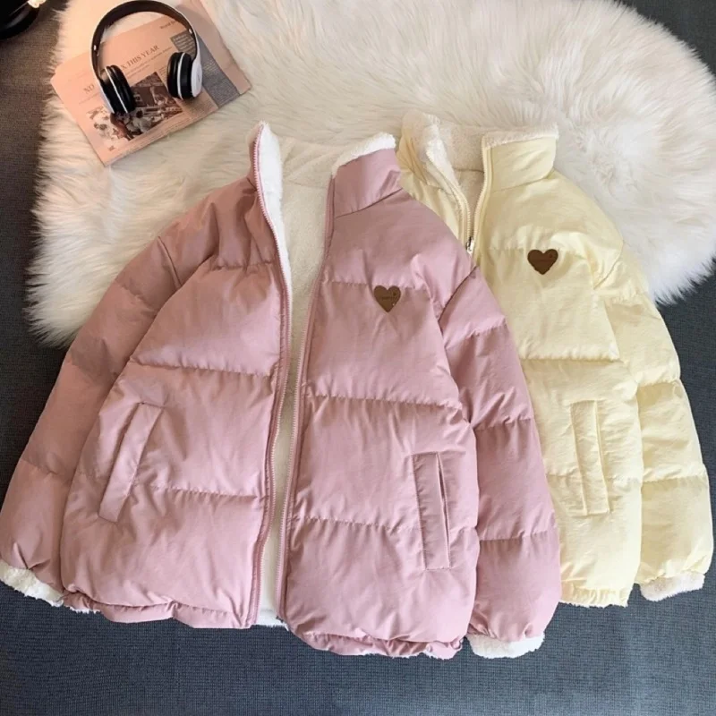 

Fashion Cute Embroidery Parkas Coat Women Winter Korean Version Thick Loose Warm Jacket Double Sided Design Pink Student Clothes