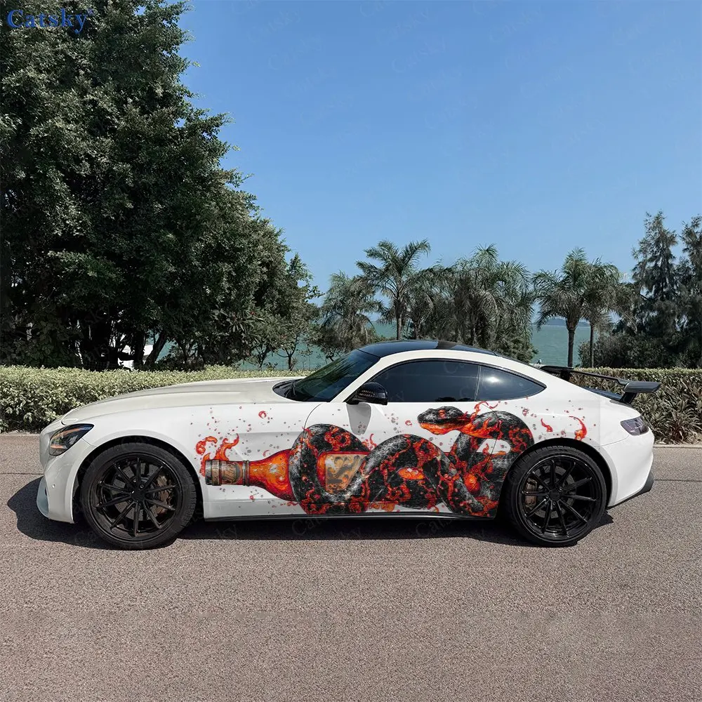 2pcs Ink Painted Fire Snake Bottle Shadow, Durable, Fade-resistant, Enhance Vehicle Aesthetics With Bold Artistic Design