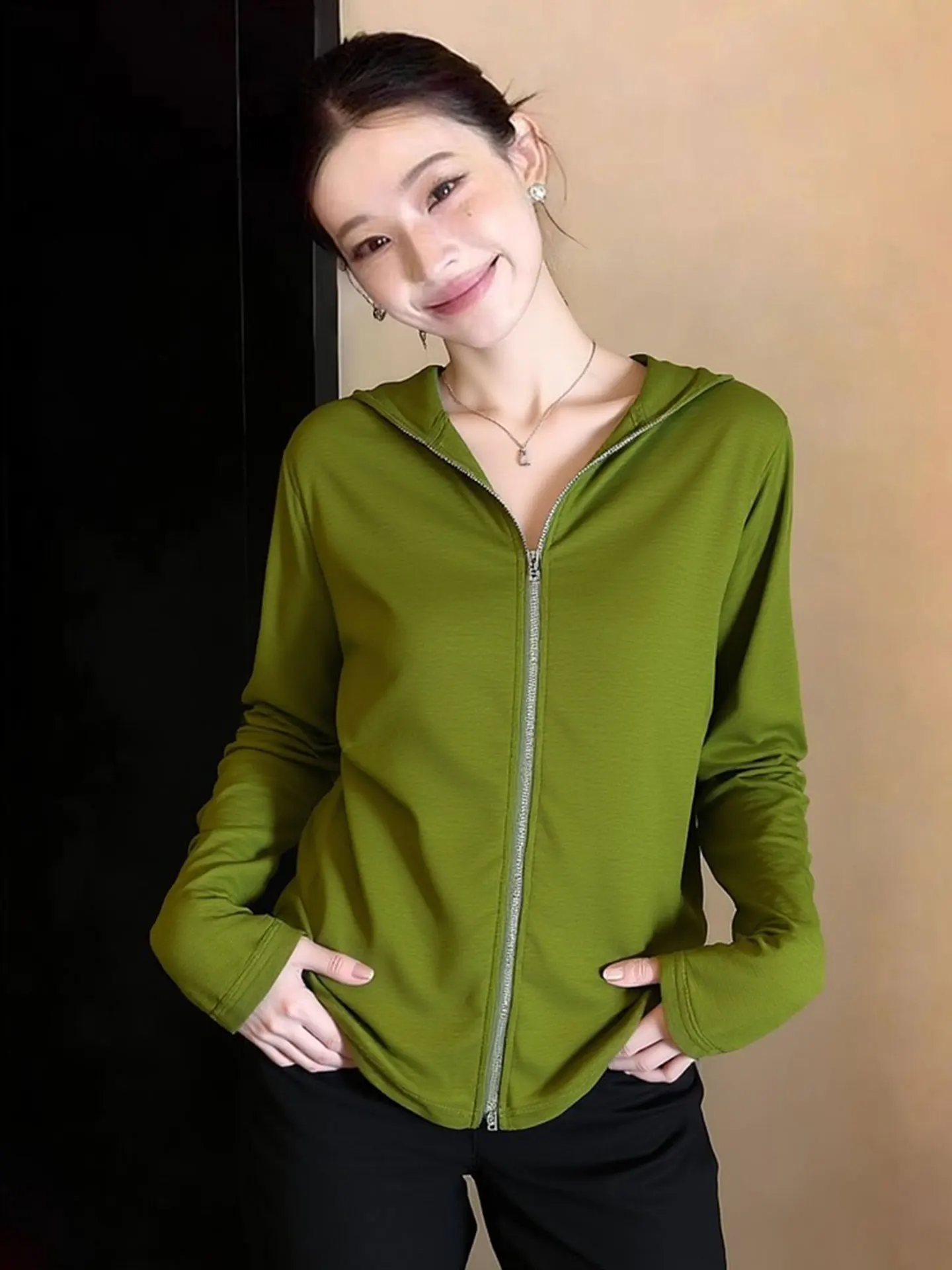 

Ele Zipper Long Sve Hoodie Women's Base Layer irt Casual Versatile Spring Early Season Comfortable Korean Sle Commute