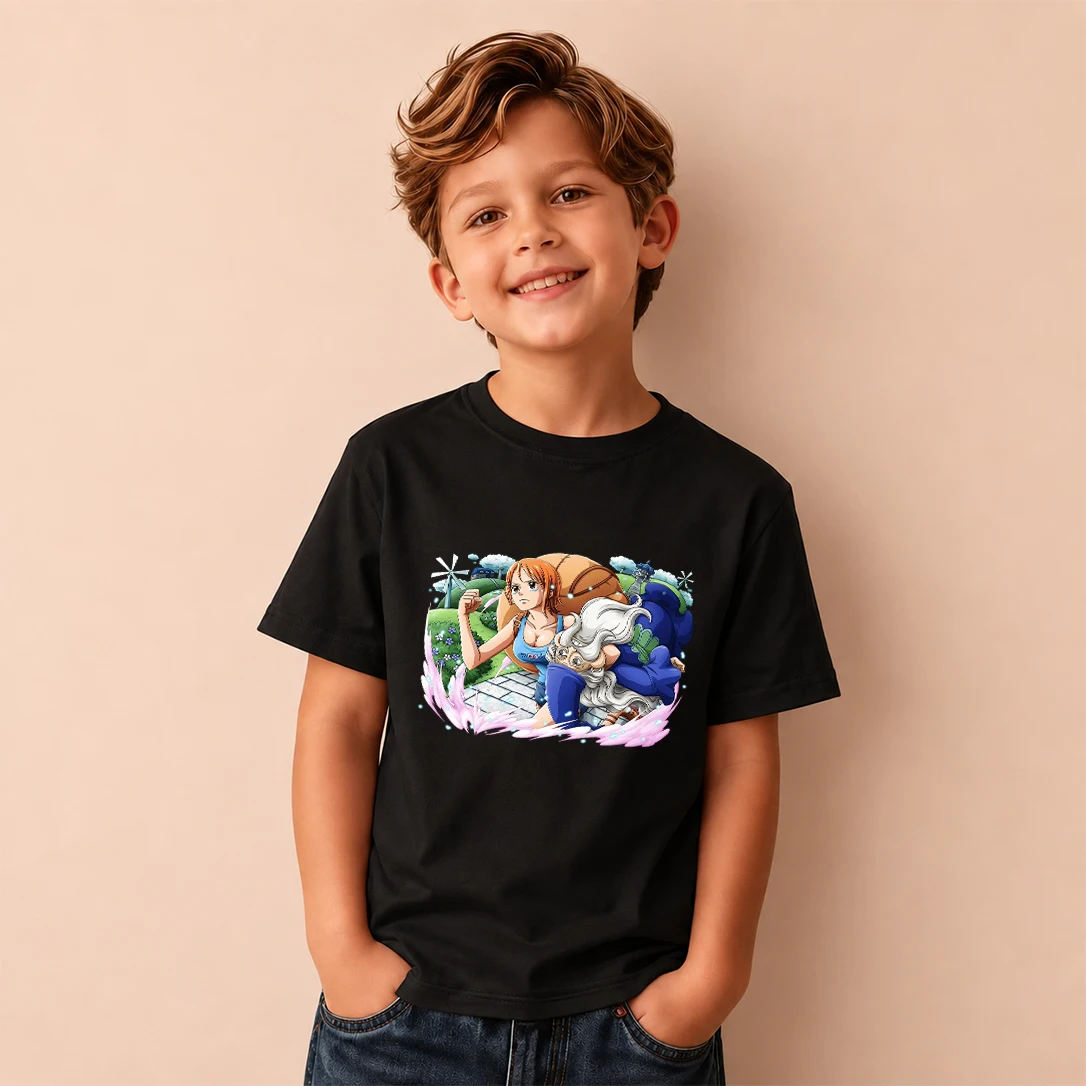 Kids T‑Shirt One Piece Nami Fight Scene Print Short Sleeve Casual Tops Boys Girls Anime Children Daily Wear Tees